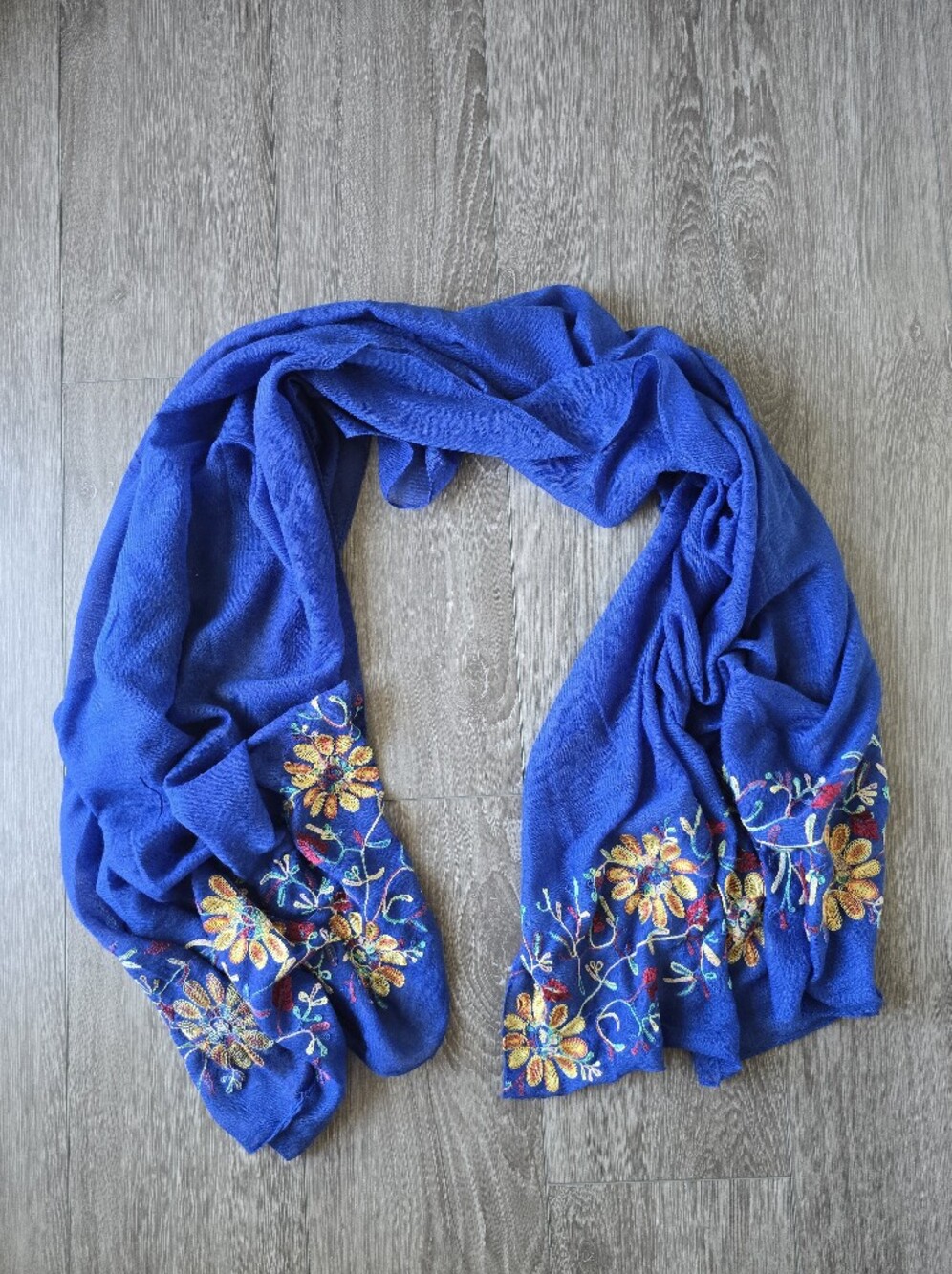 Royal Blue Floral Embroidered Scarf Wrap Shawl Oversized Boho Aari Embroidery